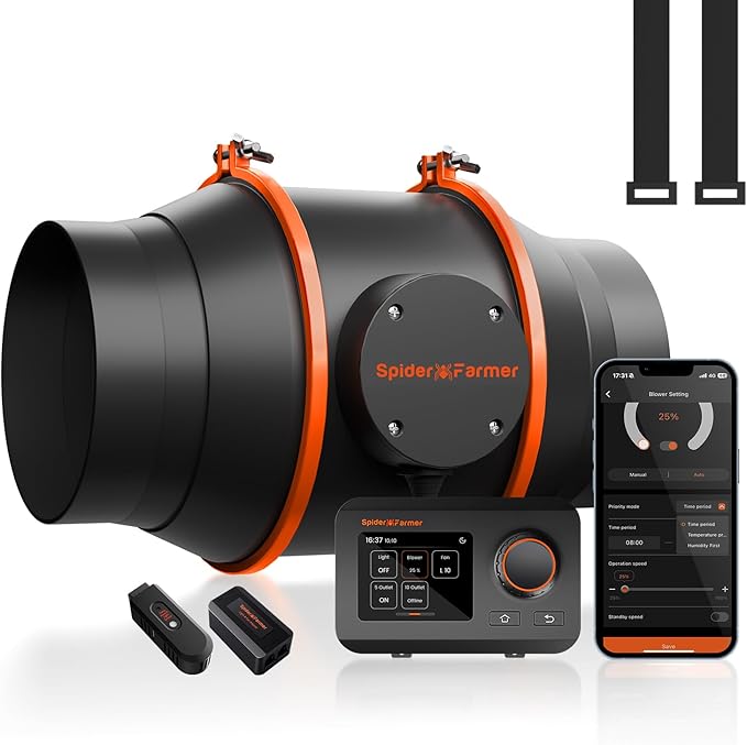 Spider Farmer 6 Inch Smart Inline Duct Fan with GGS Temperature Humidity Controller, Integrated App Control, 402 CFM Ventilation Exhaust Fan for Heating Cooling Booster, Grow Tents, Hydroponics