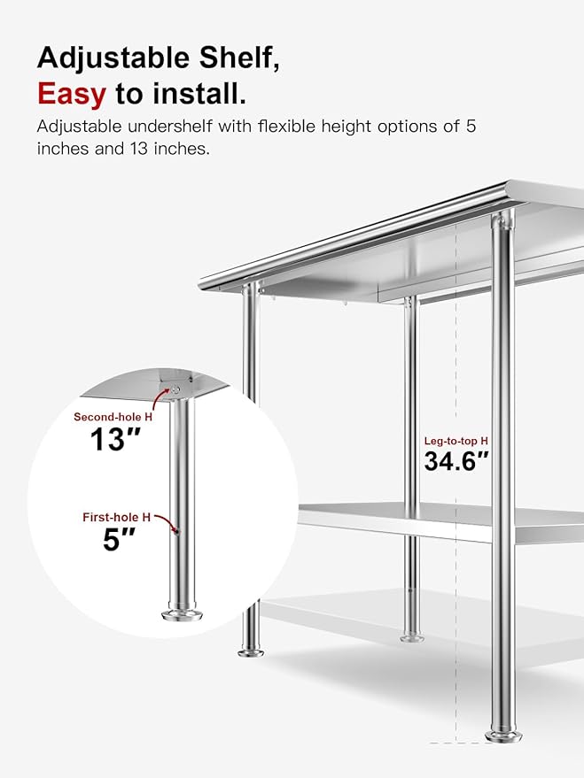 All-Stainless Steel Prep Table, 30 X 36 Inch, with Rounded-Edges and Adjustable Undershelf, Heavy-Duty Build for Outdoor Use,Restaurants,Hotels,Workshops,Kitchens,Gardens, and Garages