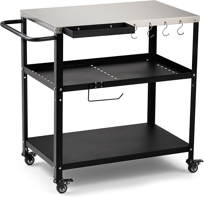 Outdoor Grill Cart Table,Indoor and Outdoor Pizza Oven Table,with 4 Movable Total Lock Casters, Hooks, Side Handle Multifunctional (Black) (Stainless Steel)
