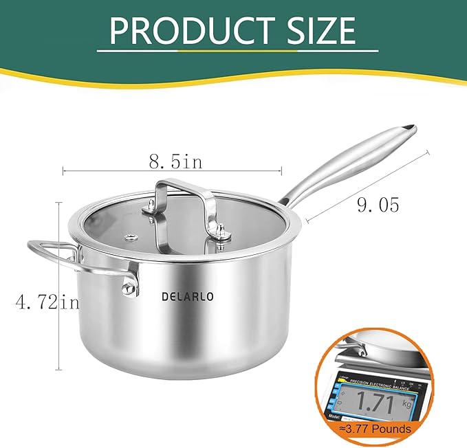 DELARLO Tri-Ply Stainless Steel Saucepan, 3.5 QT Saucepan with Lid, All Stove Compatible 600℉, Induction Sauce Pot, Heavy Duty Saucier, Dishwasher Safe Saucepan, Induction Pot 3.5 Quart, Even Heat