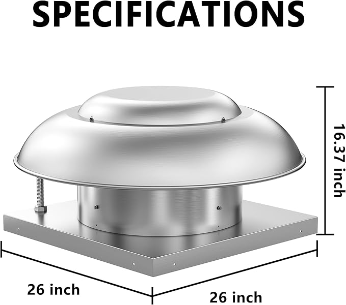 Roof Mounted Exhaust Fan Direct Drive Axial Downblast Exhaust Fan -26" Fan Base, 1/3 HP 2400 CFM 115 Volt Single Phase Motor