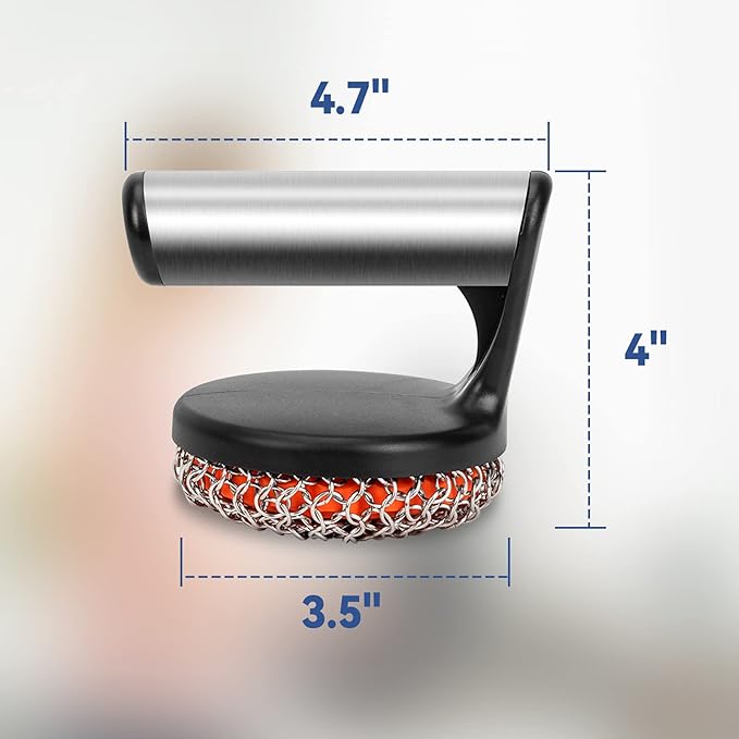 Skyflame Cast Iron Scrubber with Handle, Stainless Steel Chainmail Cleaner for Pans and Skillets - Cast Iron Cookware, Ovens and Grills Cleaning Accessory