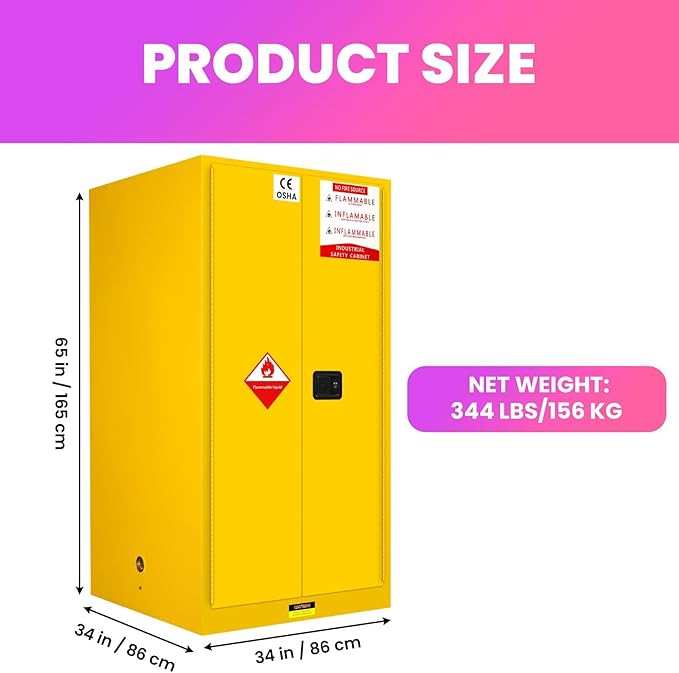 90 Gallon Flammable Storage Cabinet, 65x34x34in Galvanized Steel Safety Storage Cabinet, Adjustable Shelf Fireproof Cabinets, Flammable Liquid Storages Cabinets for Commercial Industrial and Home Use