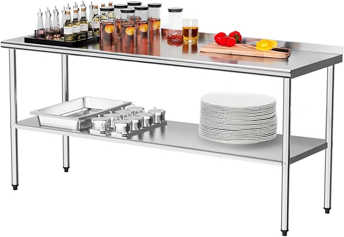 ROVSUN 72'' x 24'' Stainless Steel Table for Prep & Work,Commercial Worktables & Workstations,Heavy Dut Metal Table with Adjustable UnderShelf & Backsplash for Kitchen, Restaurant,Home,Hotel