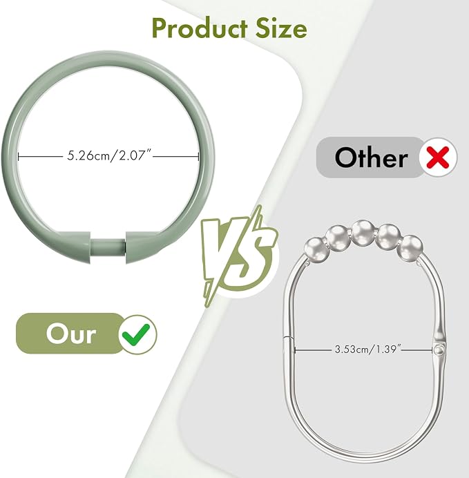 Amazer Plastic Shower Curtain Rings, O Shape Sage Green Shower Curtain Hooks - Image 2