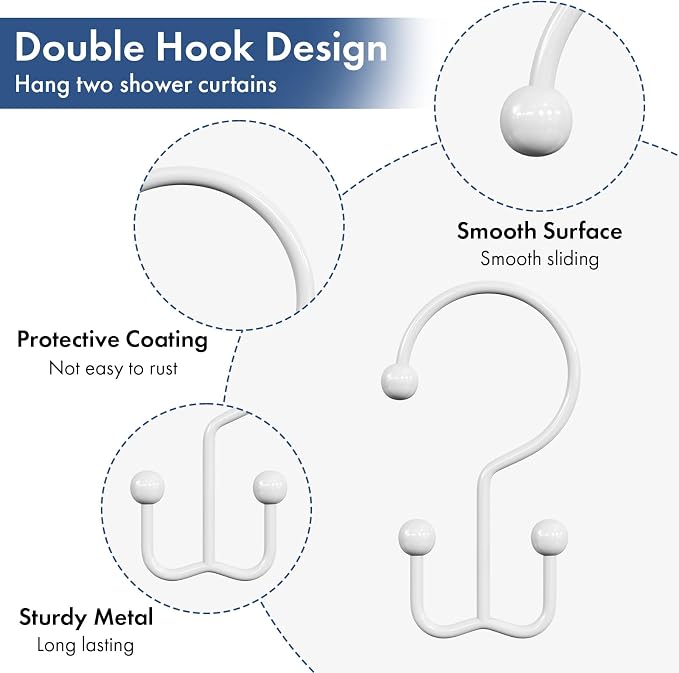 Bathway Shower Curtain Hooks White Shower Curtain Rings, Metal Shower Hooks - Image 3