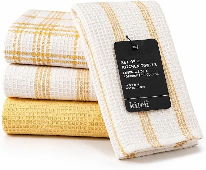 Kitchen Towels Set of 4 Dish Towels Yellow n White Waffle Weave Cotton Hand by MosJos
