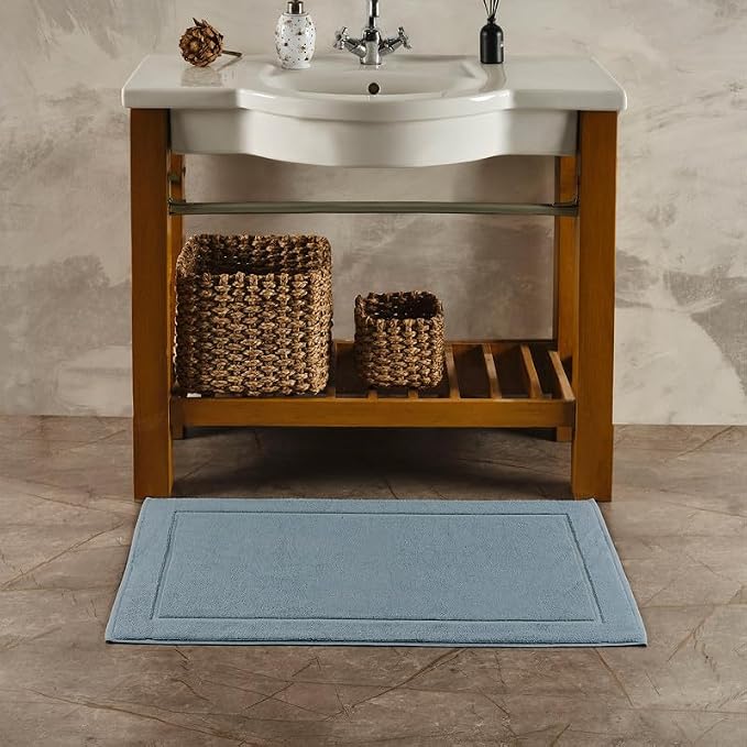 Hawmam Linen Light Blue Bath Mats, 21 x 34 inches, Banded Design, Highly - Image 2