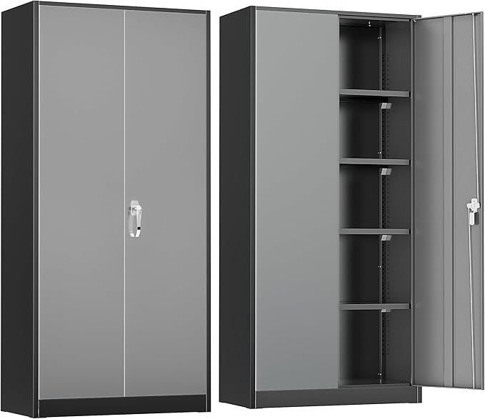 Greenvelly Metal Garage Storage Cabinet with 2 Doors and 4 Adjustable Shelves, 72”H Steel Lockable Storage Cabinet,Tall Metal Cabinet Locking File Cabinet for Office,Home, Garage, Gym, School