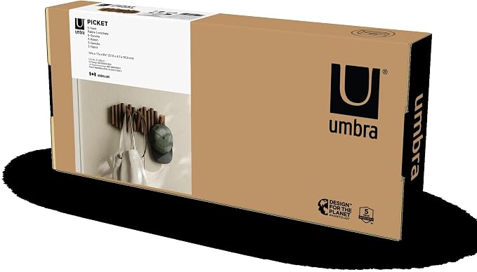 Umbra Picket Coat Rack, Wall Mount 5 Flip-Down Coat Hooks, Walnut | Beveled - Image 8