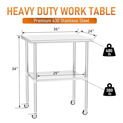 Stainless Steel Table with Wheels 24" x 36" Utility Worktable with Adjustable Undershelf for Commercial Kitchen, Garage, Restaurant