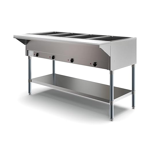 KoolMore 4-Pan Open Well Commercial Electric Stainless Steel Steam Table Food Warmer for Buffets with Undershelf, Warming Control Knobs, and Front Serving Area [120V] (KM-OWS-4), Silver