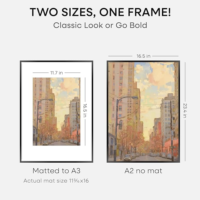Homeoforia A2 Picture Frame Black, High End Metal 16.5 x 23.5 inch Poster Frames with Mat 11.7 x 16.5 for Photo, A2 Size Frame Matted to A3 Print, 16.5 by 23.4 Hanging Frames, Tempered Glass, Set of 2