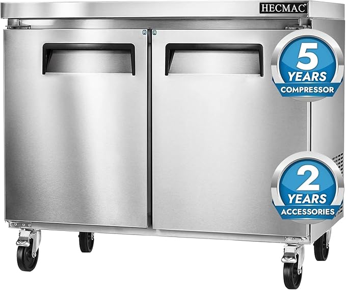 HECMAC 36" Commercial Refrigerator, 9.68 Cu.ft Worktop Undercounter Fridge with 2 Solid Door, 33~40℉, 18-8 Stainless Steel Interior, ETL&NSF/ANSI 7 for Restaurant, Bar, Shop, Kitchen Use