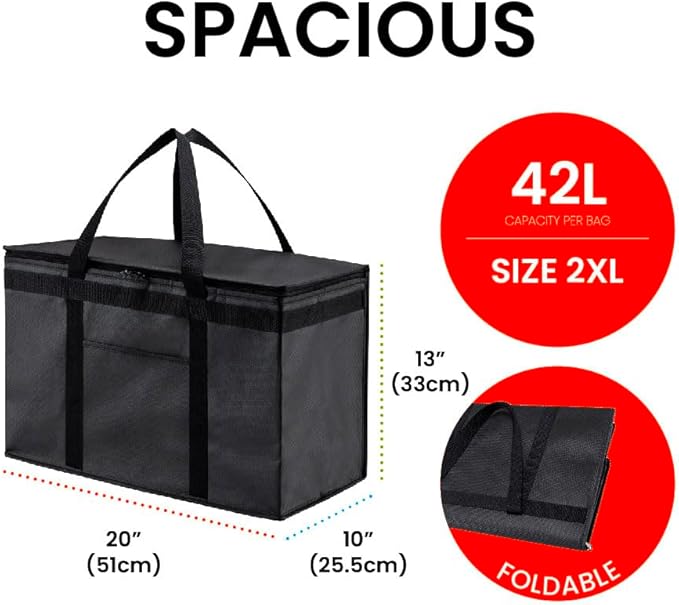 NZ home Insulated Bags for Food Delivery (2XL) Grocery Shopping Cooler Bag, Pizza Delivery, Hot & Cold Catering Tote, Reusable, Foldable & Heavy Duty (Gray)