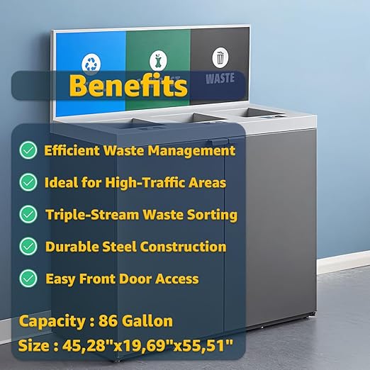 (86-Gallon) Triple Waste Recycling Station with Panel, Dark Gray Restaurant Trash Can Cabinet