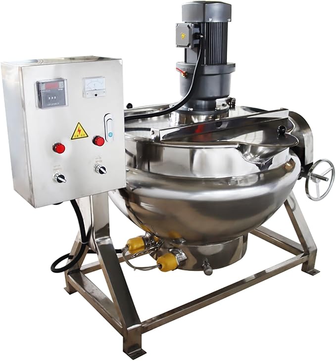 Jacketed Kettle 13.2Gallon/50L Sandwich Pot Large Electronic Tilting Sugar Jam Gas Boiling Machine Commercial Electric Jacketed Pot with Stirring and Edge Scraping 220V Three-phase 750W