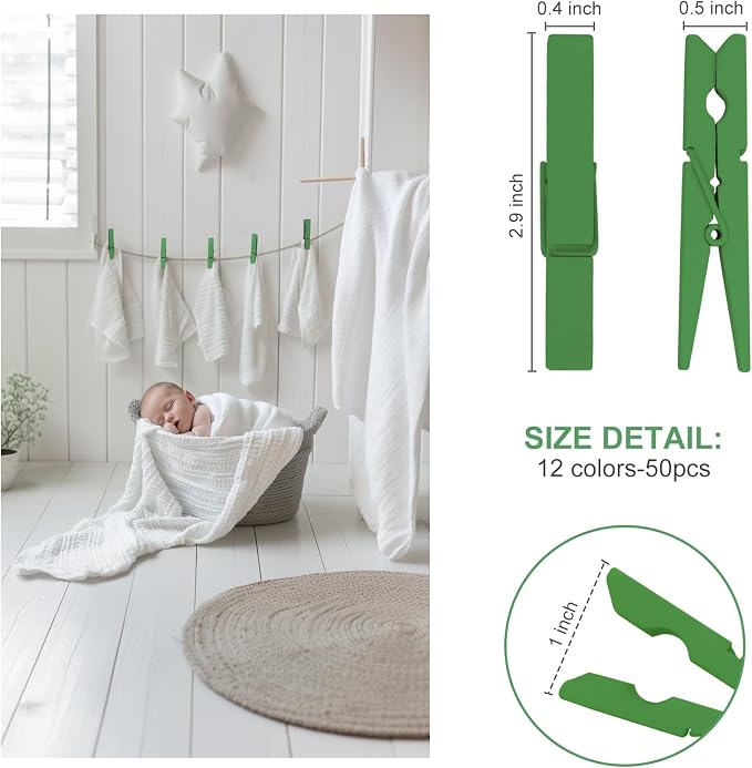 Colored Clothes pins 2.9inch 50PCS Green, Colorful ClothesPins Wooden Clips - Image 2