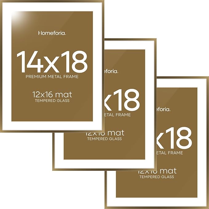 Homeforia 14x18 Picture Frame Bronze, High End Metal 14x18 Brass Poster Frames with Mat 12x16 Photo, 14 x 18 Frame Matted to 12 by 16 inch Print, 18by14 Thin Frames, Tempered Glass, Wall Kit, Set of 3