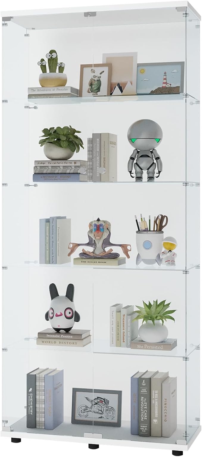 Yoluckea 5 Shelves Glass Display Cabinet with 2 Doors, Floor Standing Clear Glass Curio Cabinet Collection Display Case for Living Room Bedroom 73.82” x 31.69” x 14.37” White