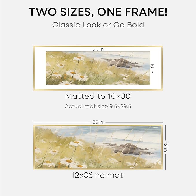 Homeforia 12x36 Picture Frame Gold, High End Metal 12x36 Poster Frames with Mat 10x30 inch Photo, 12 x 36 Gold Frames Matted to 10 by 30 Art, 36x12 Panoramic Frames, Tempered Glass, Wall Kit, Set of 1