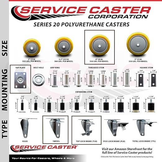 Service Caster Brand Replacement Caster for Uline Caster H-5539SWB - Swivel Top Plate Caster with 4 Inch Yellow Polyurethane Wheel and Top Lock Brake - Fits Carts, Dollies and Poly Box Trucks H-1956