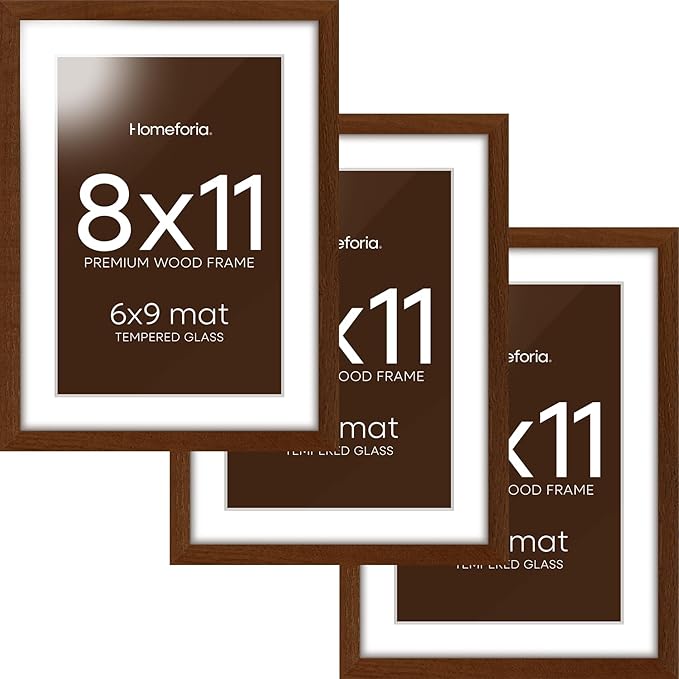 Homeforia 11x8 Picture Frame Brown, High End Dark Oak 8x11 Walnut Wooden Frames with Mat 6x9 Photo, 8 x 11 Wood Frame Matted to 6 by 9 Print, Wall or Tabletop Frame, Tempered Glass, Wall Kit, Set of 3