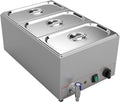 Valgus Commercial Grade Stainless Steel 3 Sections 17 Qt Bain Marie Food Warmers Electric Countertop Steamer with Lid and Tap for Parties, Banquet and Catering Events