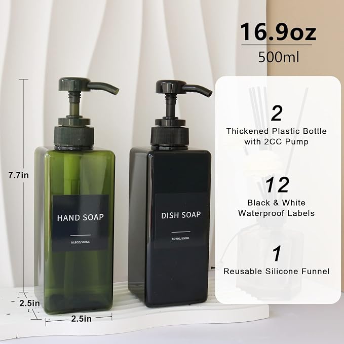 Green Soap Dispenser with Waterproof Labels, Thickened Plastic Hand Soap - Image 2