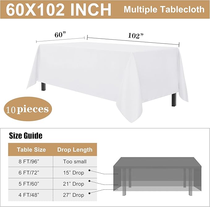 sancua 10 Pack White Tablecloth 60 x 102 Inch, Rectangle Table Cloth for 6 Feet Tables - Stain and Wrinkle Resistant Washable Polyester Table Cover for Dining Tables, Buffet Parties and Camping