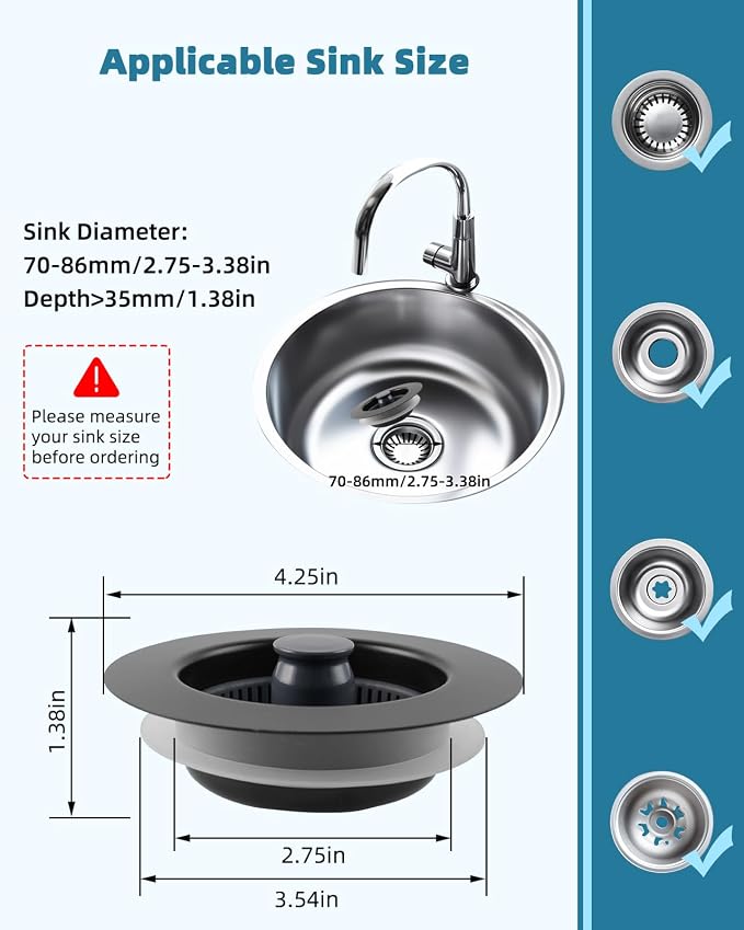 Universal 3 in 1 Kitchen Sink Drain Strainer Stopper Combo, Matte Black - Image 5