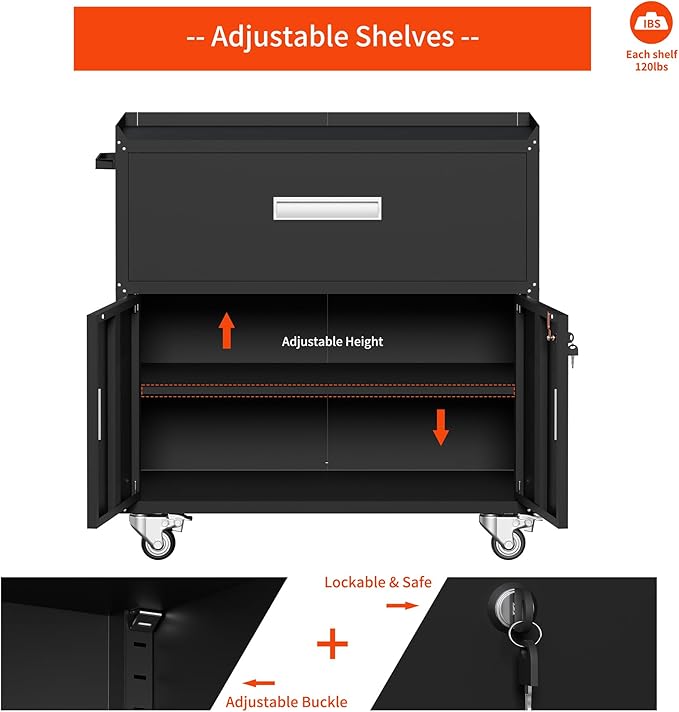Black Metal Garage Storage Cabinet With Wheels, Lockable Tool Cabinet With Shelves, Rolling Metal Cabinet for Warehouse, Home