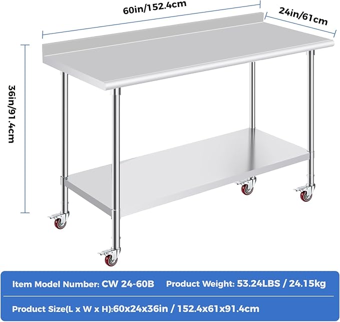 OSTBA Stainless Steel Table for Prep & Work 24x60 Inches with Casters Wheels and Backsplash, NSF Metal Commercial Heavy Duty Table with Adjustable Undershelf for Restaurant Kitchen Home and Hotel