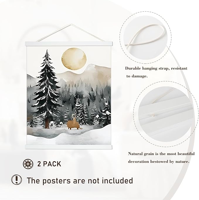 Artmag 2 Pack Magnetic Poster Hanger Frame, 30x40 30x20 30x24 Light Wood Wooden Magnet Canvas Artwork Print Dowel Poster Hangers Frames Hanging Kit (White, 30",2 Packs)