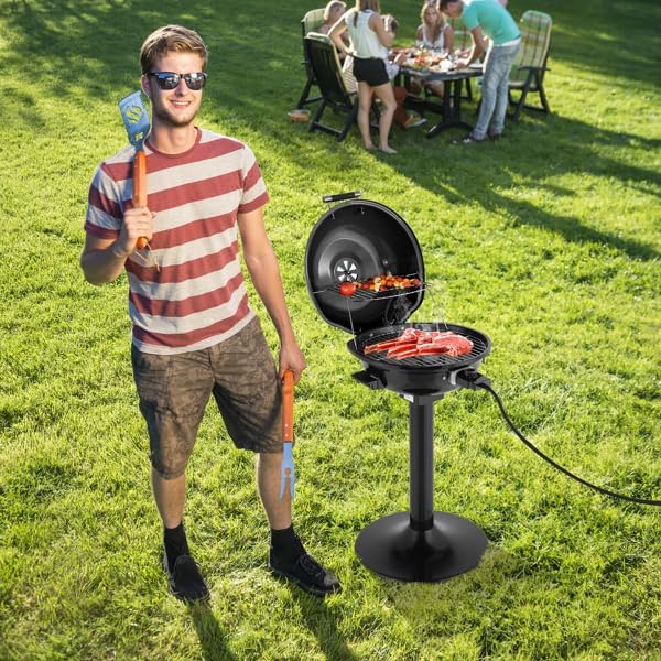 Electric BBQ Grill with Stand, 1600W Portable Outdoor/Indoor Grill with Interlocking Hood, Temperature Control & Warming Rack, Non-Stick Surface with Oil Collection Tray for Patio & Balcony