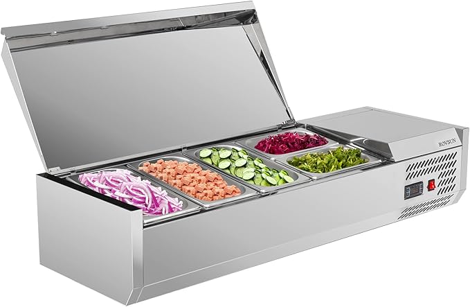 ROVSUN 47" Refrigerated Condiment Prep Station Sandwich Prep Table ETL NSF, 25.1QT Salad Bar Prep Rail w/Auto Defrost Temp Control Stainless Steel Cover 3 1/3 Pan & 2 1/4 Pan for Restaurant Food Truck
