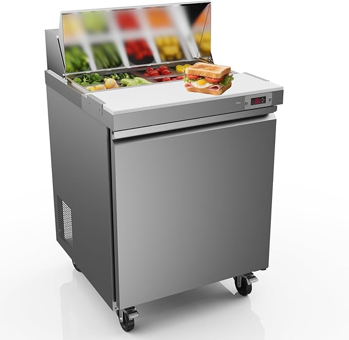 29" W Sandwich Salad Prep Table Refrigerator Commercial Refrigerator with 8 Pans Stainless Steel Fan Cooling Kitchen Equipment