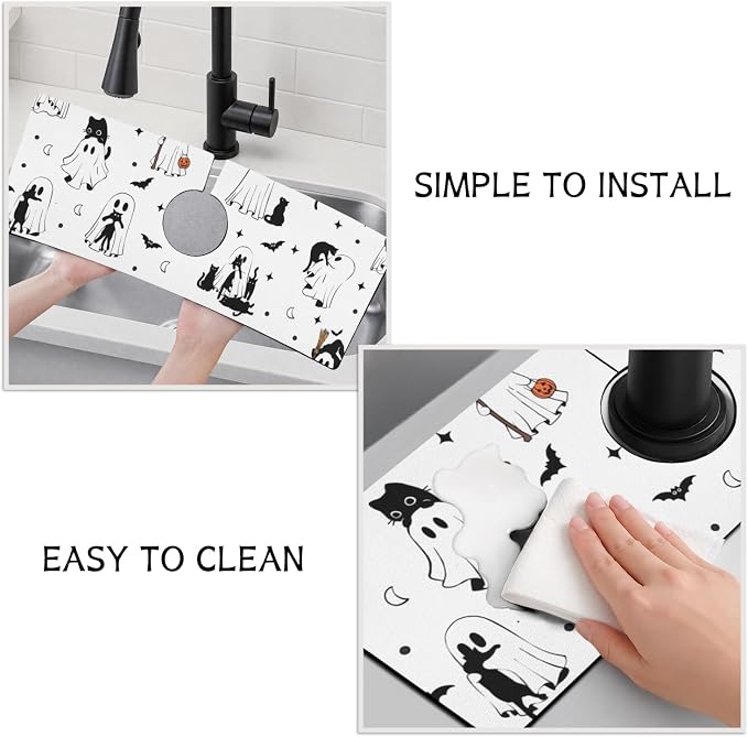 Halloween Kitchen Sink Splash Guard Faucet Mat, Cats Ghosts Bat Halloween - Image 4