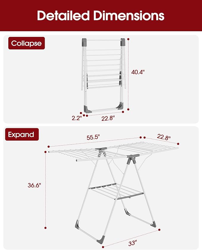 Sakugi Clothes Drying Rack, 55.5" Adjustable Wings, Foldable Design | Laundry - Image 3