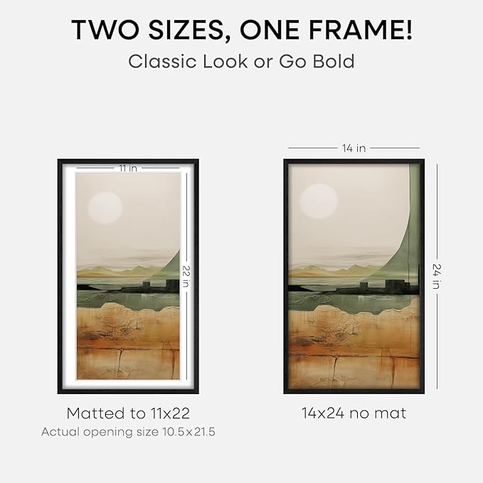 Homeforia 14x24 Picture Frame Black Wood, High End Oak 14x24 Poster Frames with Mat 11x22 Photo, 14 x 24 Wooden Frame Matted to 11 by 22 Print, 24x14 Hanging Frames, Tempered Glass, Wall Kit, Set of 2