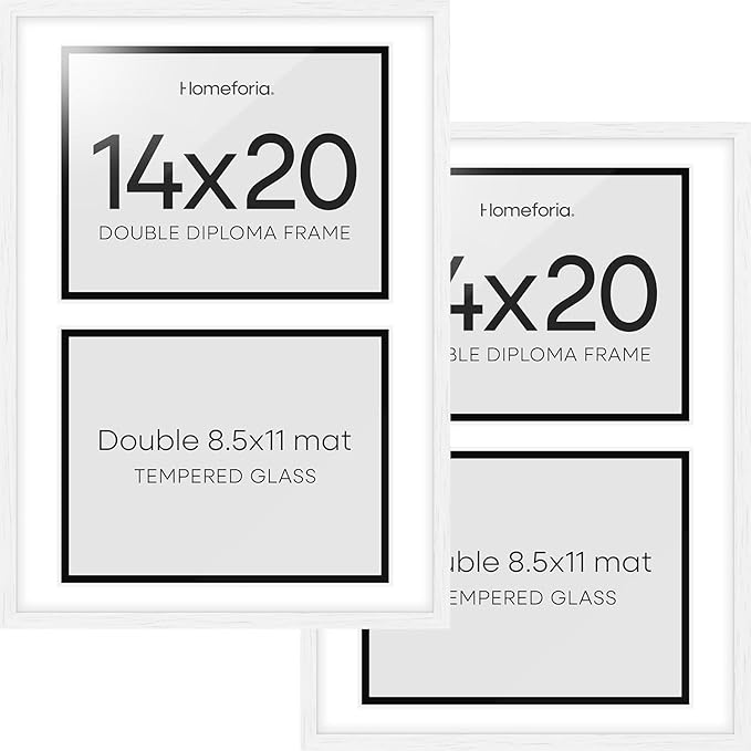Homeforia 14x20 Double Diploma White Frame, High End Oak 14 x 20 Certificate Wood Frames with Mat for Two 8.5x11 Diplomas, 20x14 Wooden Dual Award Graduation Frames, Tempered Glass, Wall Kit, Set of 2