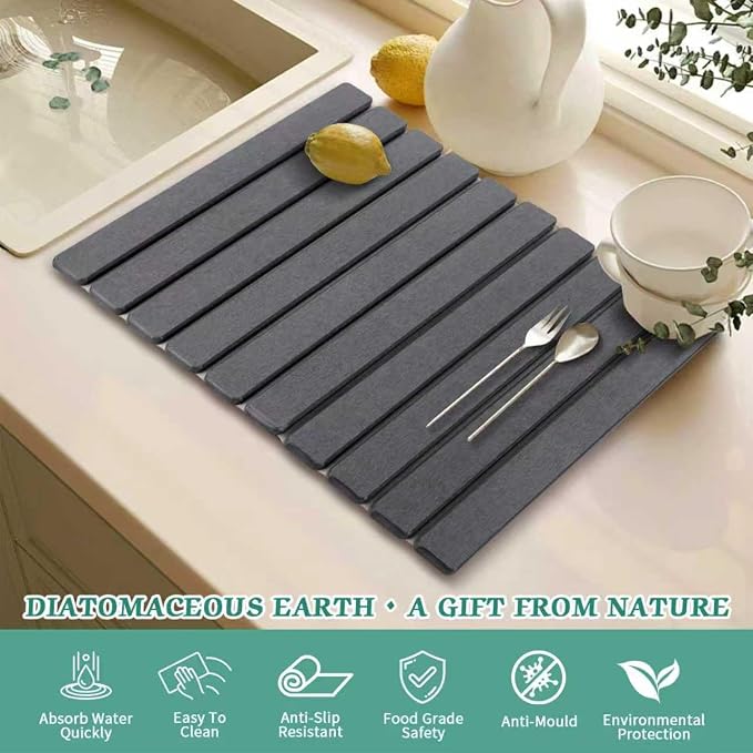 Stone Dish Drying Mat for Kitchen Counter, 24 x 16 Inch | Absorbent - Image 4