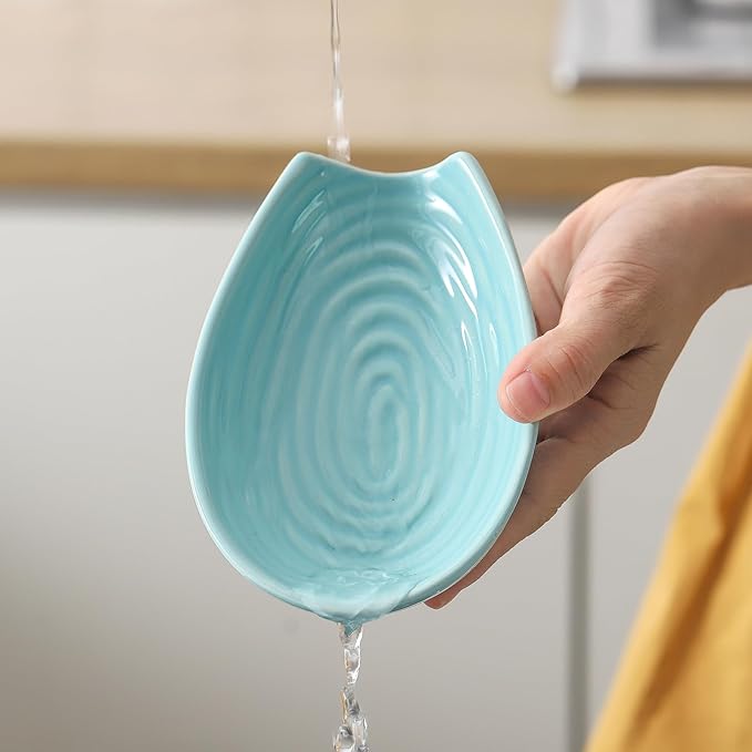 Spoon Rest for Kitchen Counter, Ceramic Cooking Spoon Holder for Stove Top, Porcelain Utensil Rest for Spatula, Ladle, Tong and Spoon, Modern Kitchen Accessories Decor, Teal