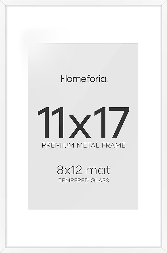 Homeforia 11 x 17 Picture Frame White, High End Metal 11x17 Poster Frames with Mat 8x12 for Photo, 11 x 17 White Frame Matted to 8 x 12 inch Print, 17x11 Thin Frame, Tempered Glass, Wall Kit, Set of 1