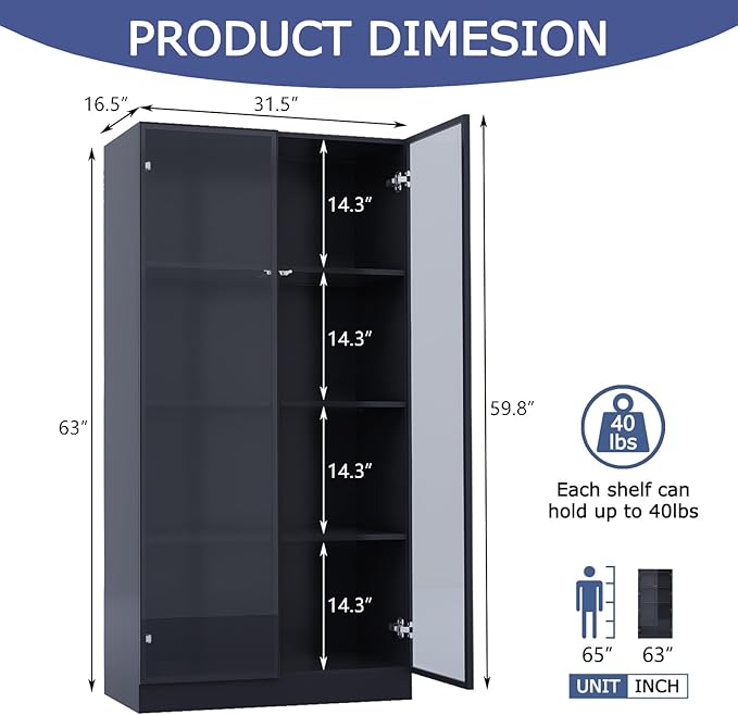 Glass Display Cabinet with LED Lights, Display Case Bookcase with 4-Tier Shelves, Curio Cabinet with 2 Glass Doors, Storage Cabinet for Collectibles, Living Room