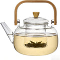 1000ml (33.8oz) Borosilicate Glass Teapot with Wooden Handle, Stovetop Safe Clear Tea Kettle with Removable Glass Infuser for Blooming Tea and Loose Leaf Tea