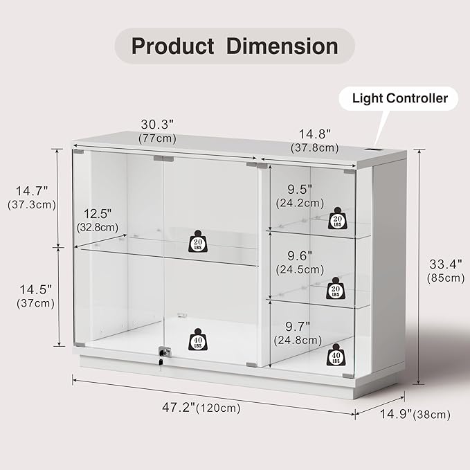 Lvifur Glass Display Cabinet with Lock & LED Light, High Gloss Sideboard with Human Body Sensor & Glass Shelves for Toys, Books, Collectibles, Liquor, Bookcase for Living Room, Kitchen, Study, White
