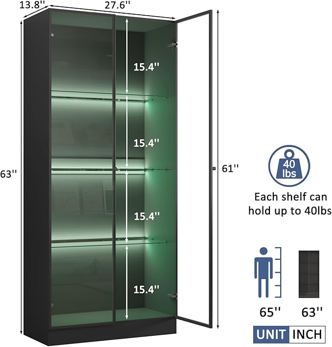 Display Cabinet with LED Lights - Set of 2, Glass Display Case with 3 Adjustable Shelves, Curio Cabinet with 2 Glass Doors, Storage for Collectibles, Living Room