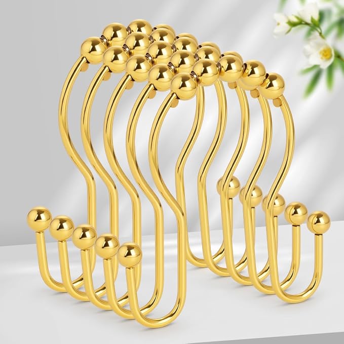 Resze Double Shower Curtain Hooks, Sturdy Metal Nickel Shower Curtain Rings by Resze