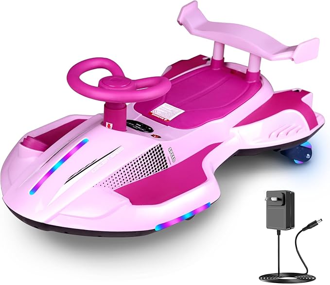 12V Electric Wiggle Car with Pedal, Ride On Car Toy for Kids from Ages 3 and Up, Anti-Rollover, Flashing Wheels, Bluetooth,Tailpipes Jet Effect,Birthday Gifts for Boys and Girls(Lilac+Rose)